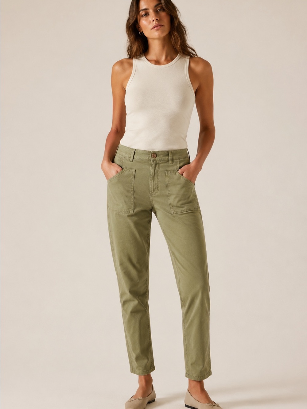 AMO Olive Green Straight-Leg Utility Pants| 26
